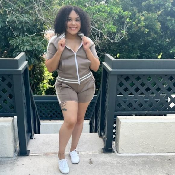 The Set Women's Mocha Cold Shoulder Zip Up Track 2 Pc Short Set Size Large - Picture 6 of 11